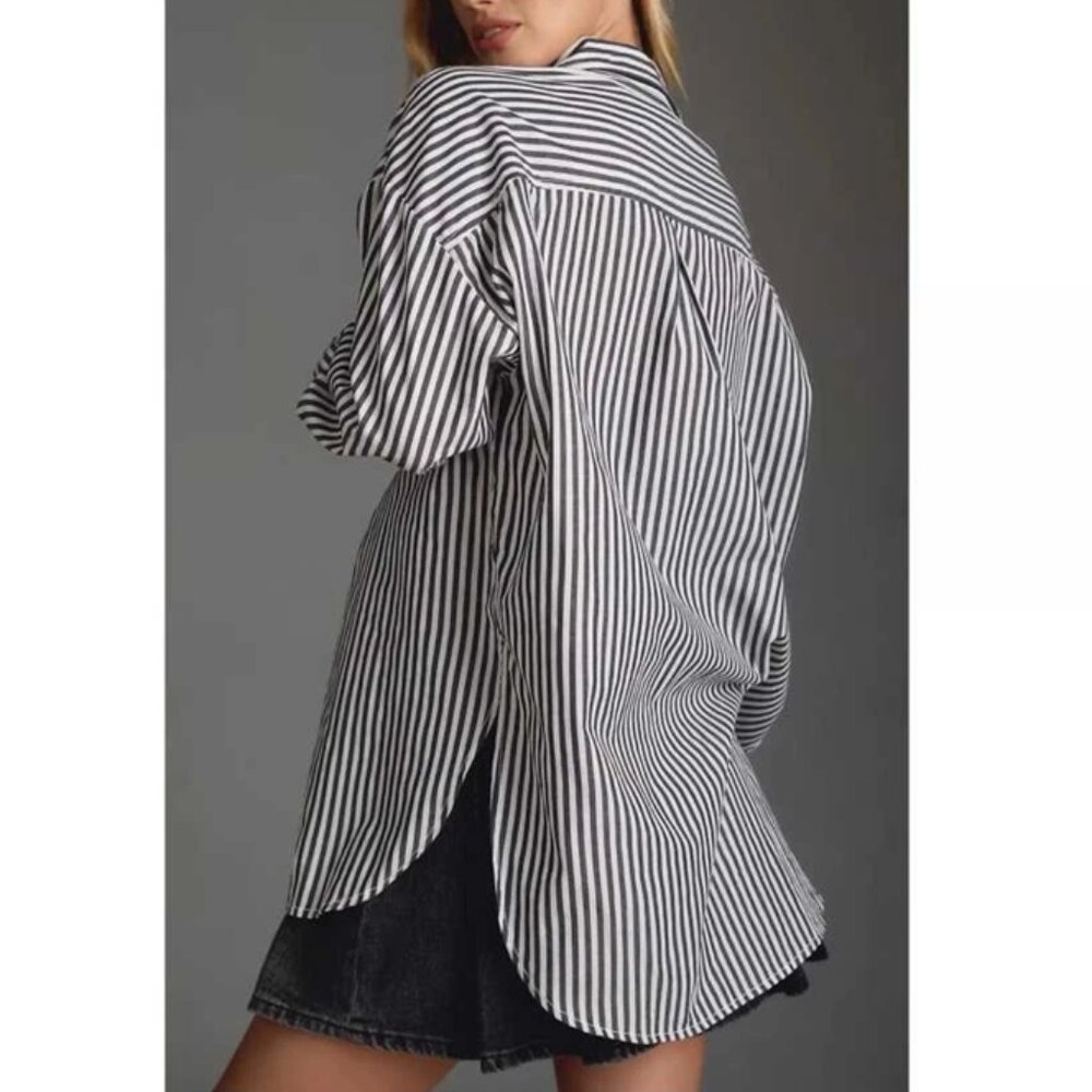 Anthropologie Maeve The Bennet Buttondown Shirt Anthracite Stripe 100% Cotton M - Picture 2 of 11